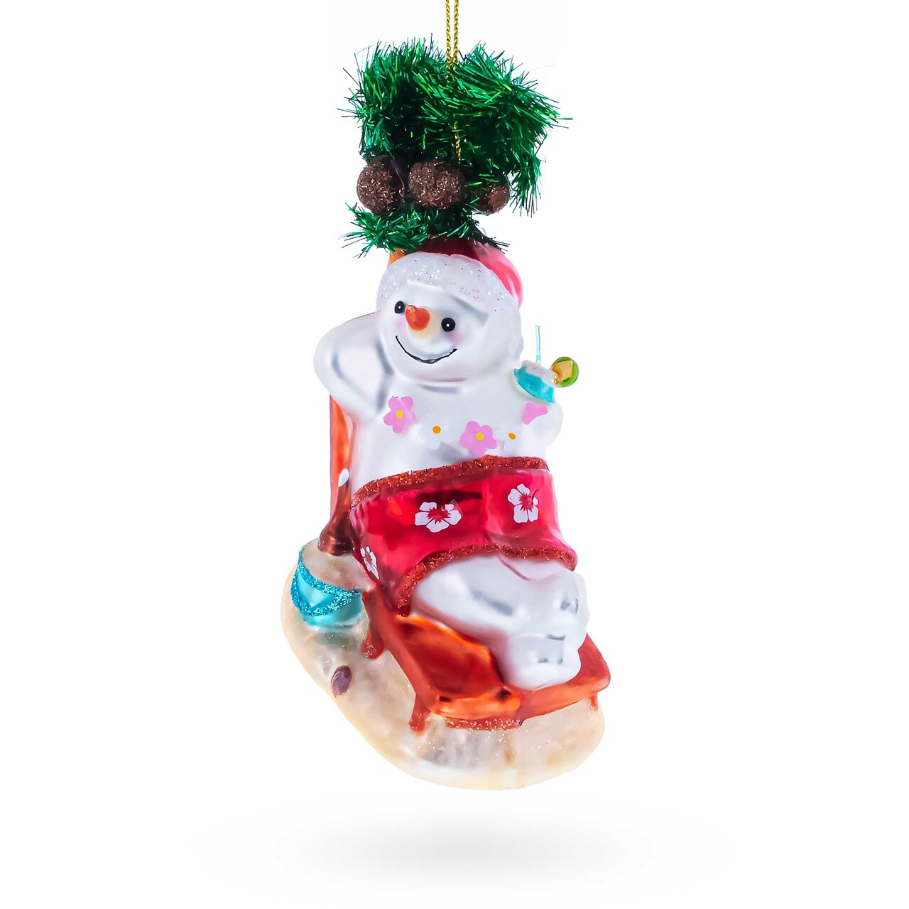 Tropical Snowman on the Beach Exotic Glass Christmas Ornament